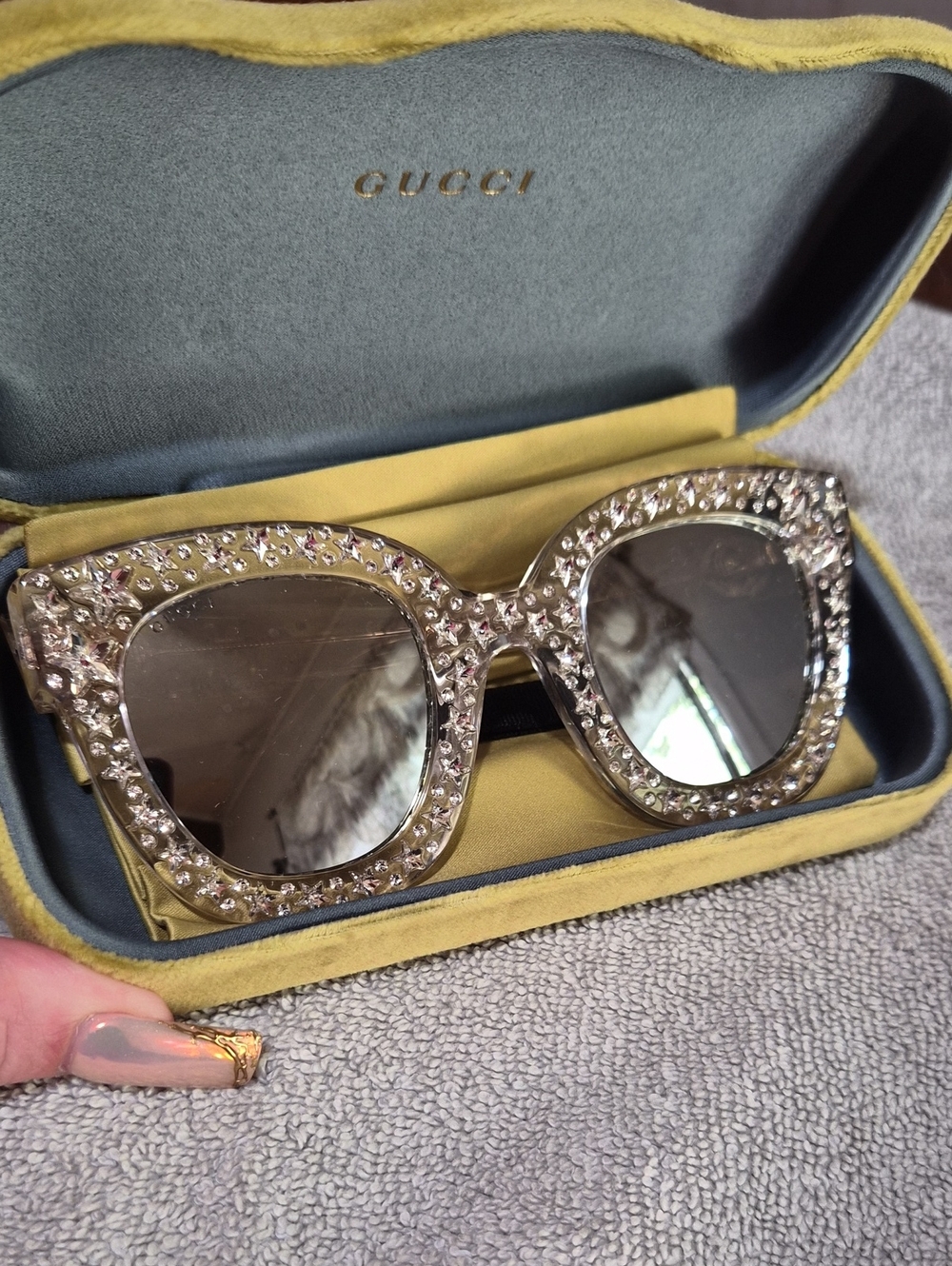 Gucci Crystal-Studded Clear Frame Sunglasses with Gray Lenses